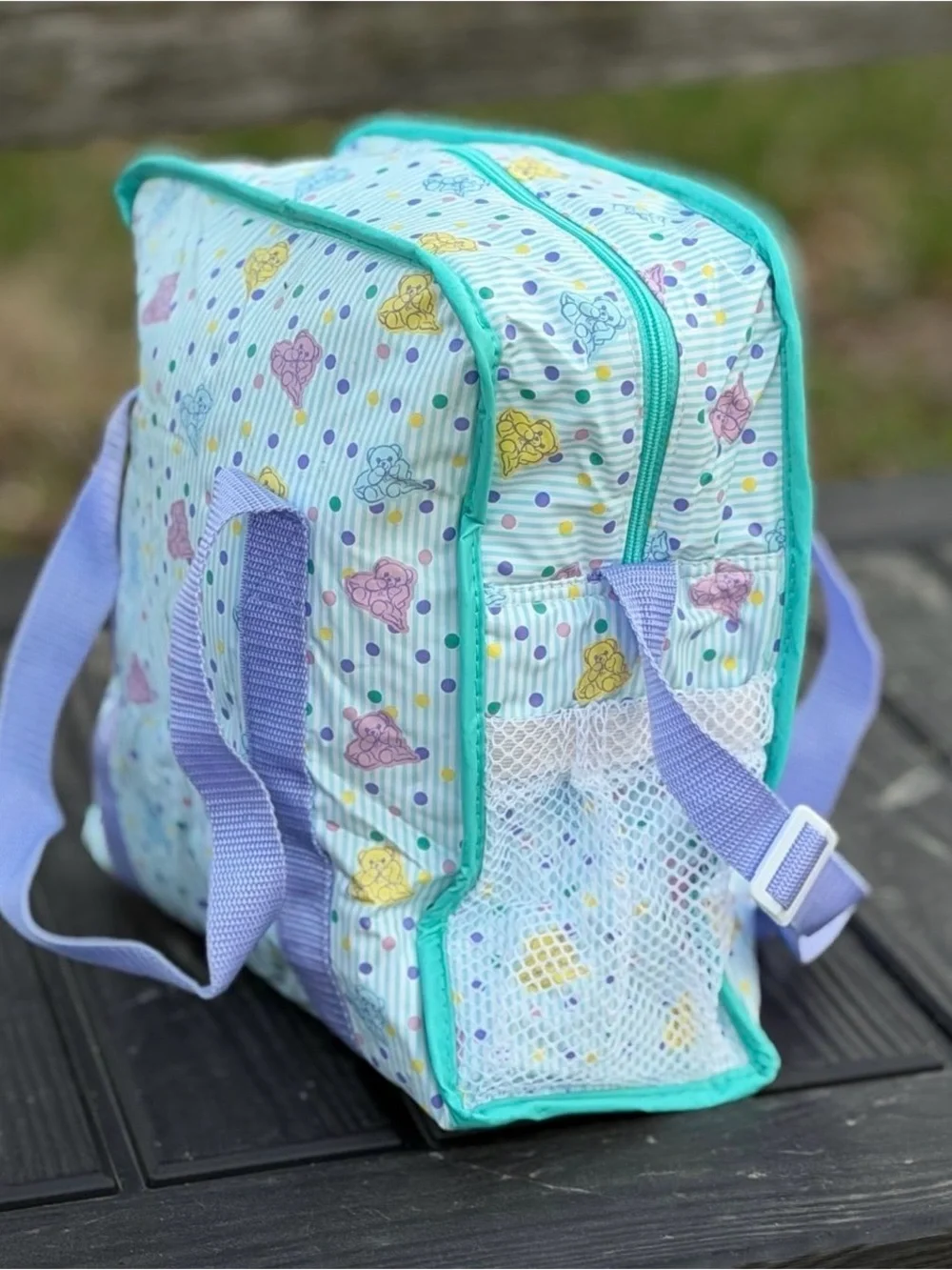 Vintage 90s mint and lavender pastel teddy bear all over print vinyl diaper bag